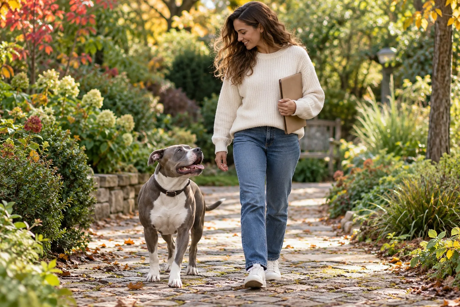 An owner walking a dog along a garden path