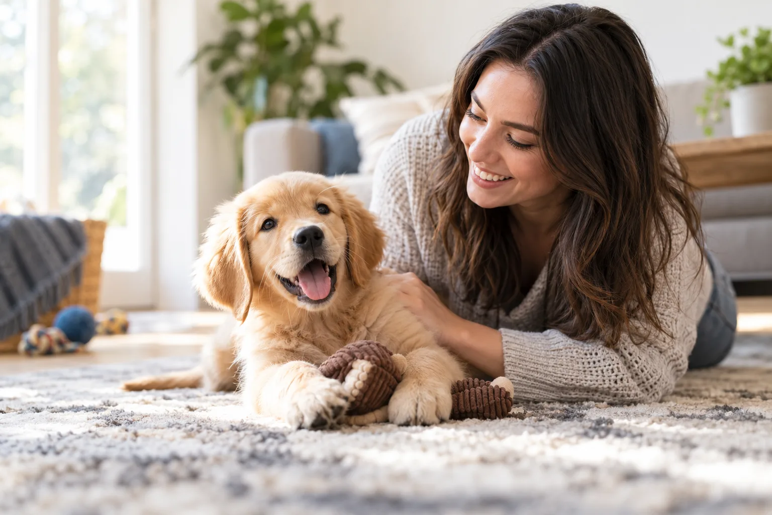 A young-looking dog resting with its owner at home